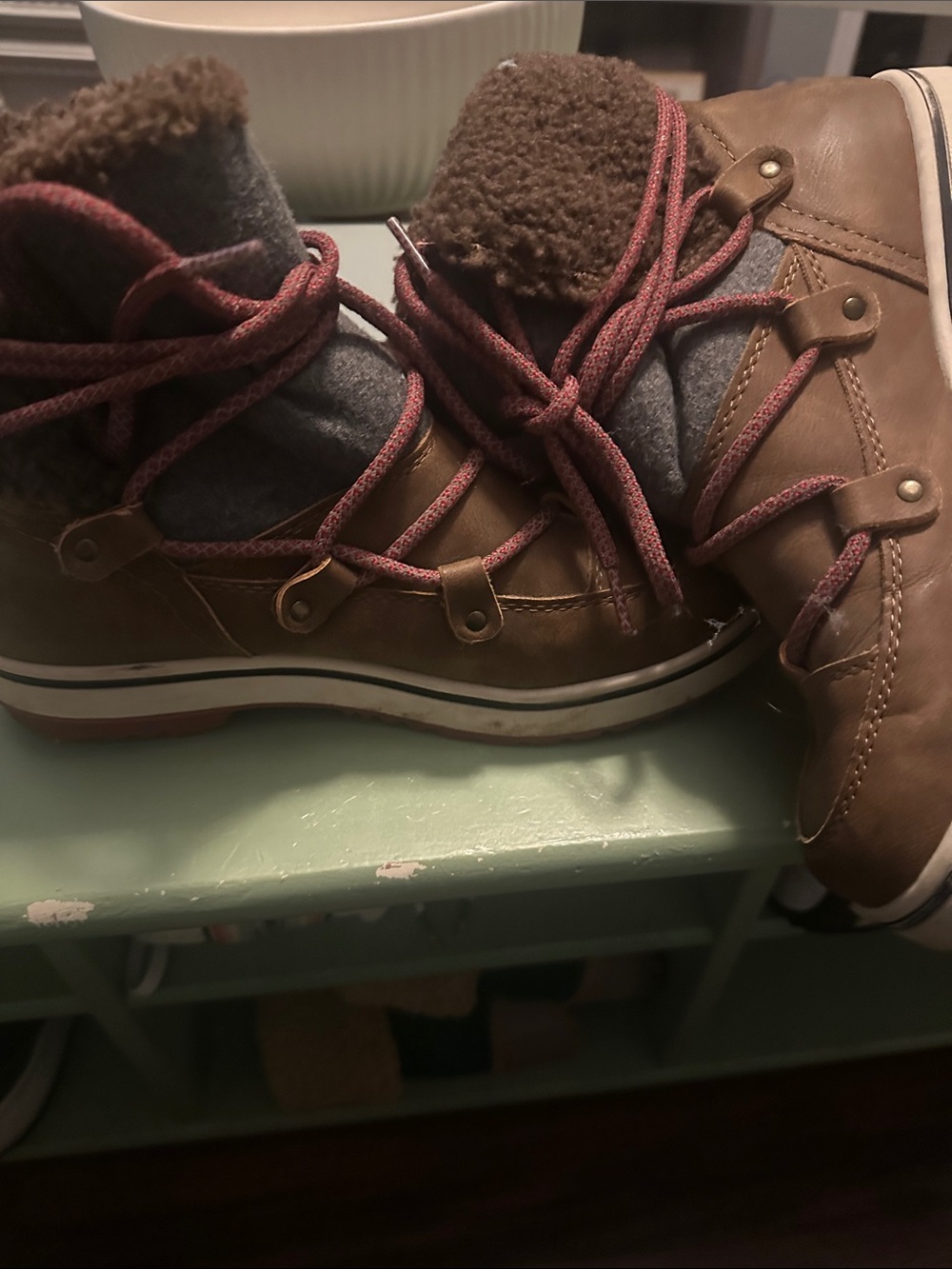 Women’s Brown Faux-Leather Winter Boots with Burgundy Laces